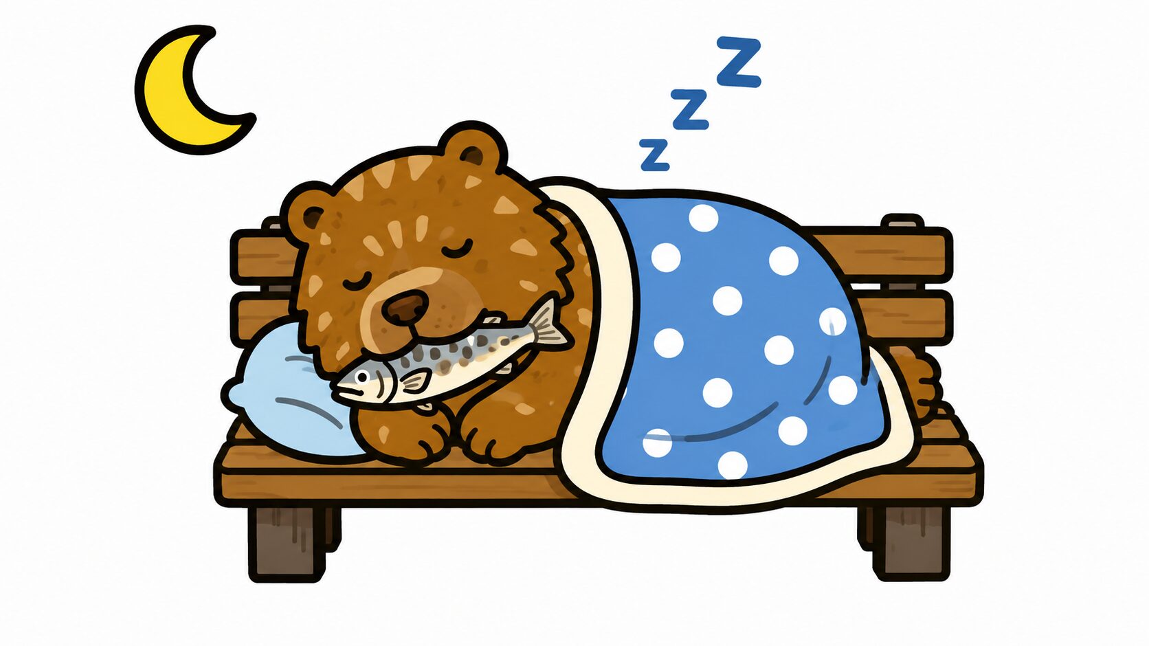 新千歳空港内のベンチで夜を明かすイメージ｜ベンチで眠るクマのイラスト