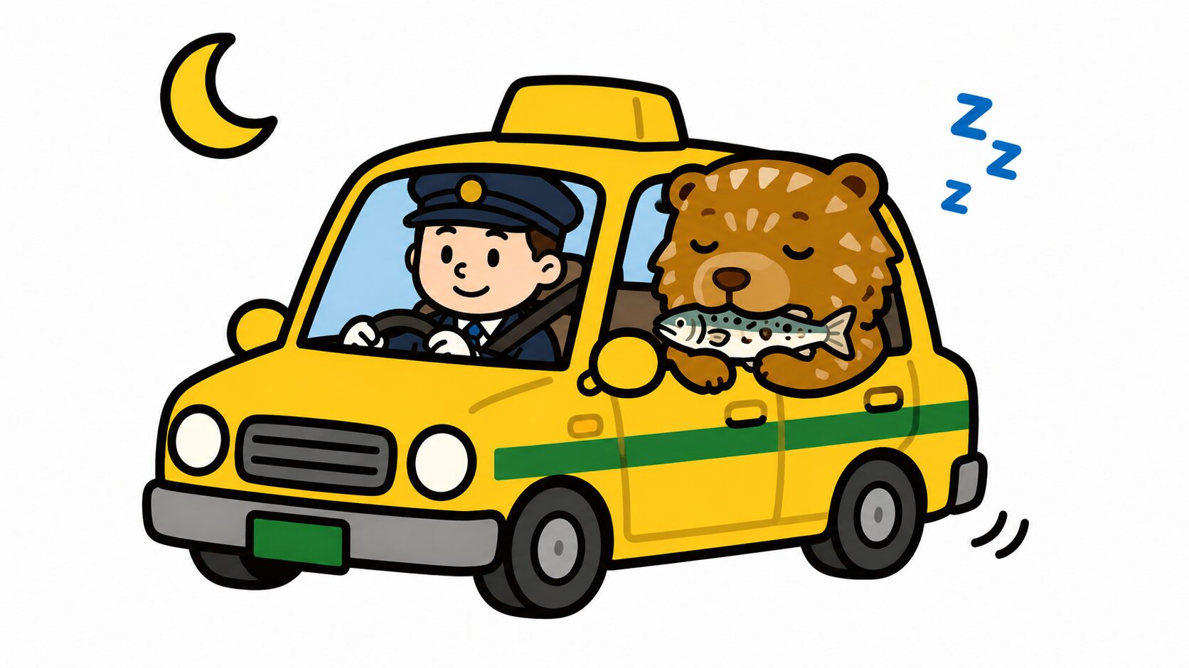 千歳駅周辺のビジネスホテルへ向かうイメージ｜タクシーで移動するクマのイラスト