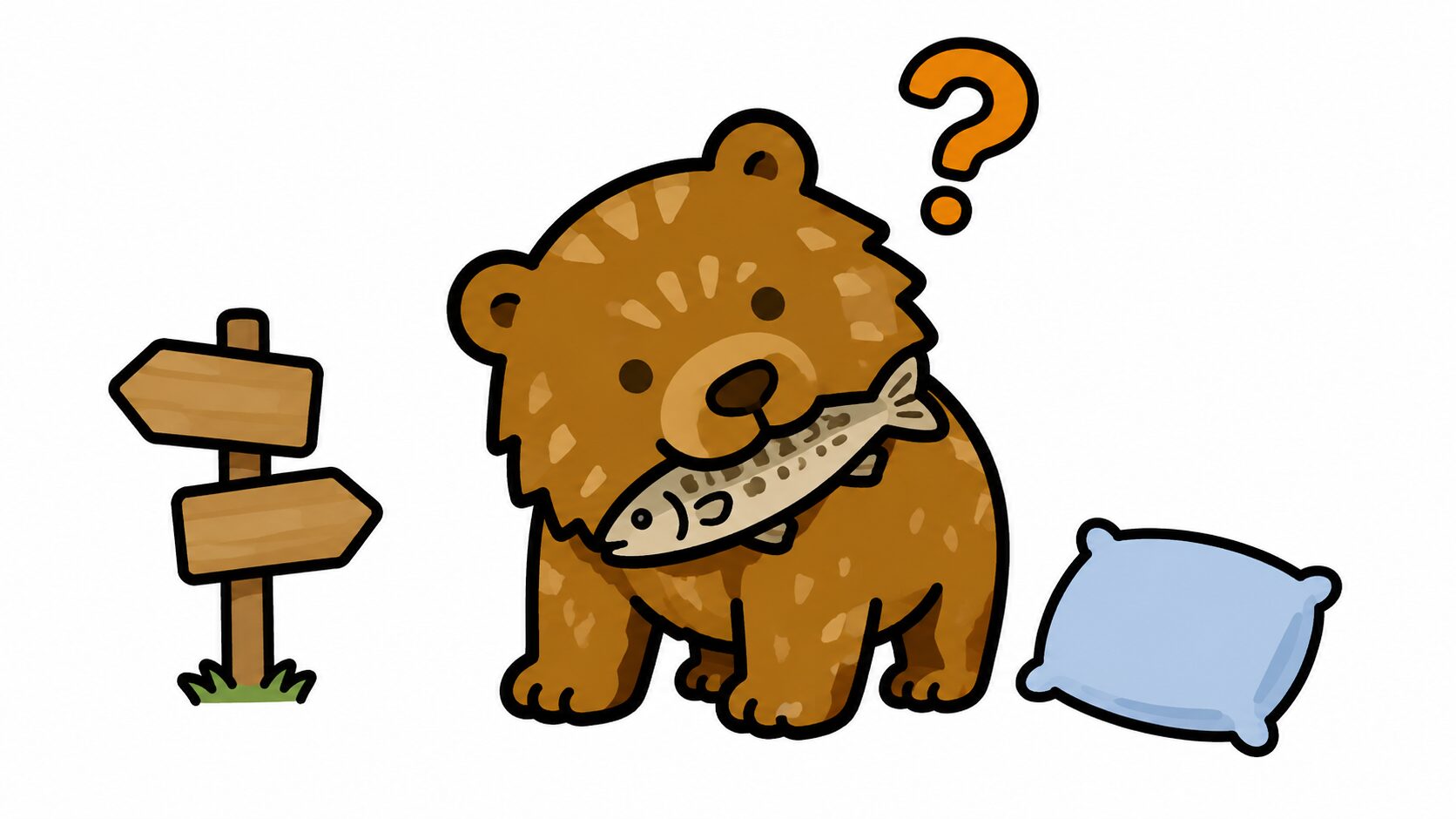 状況別に空港での夜の過ごし方を選ぶイメージ｜分かれ道で悩むクマのイラスト