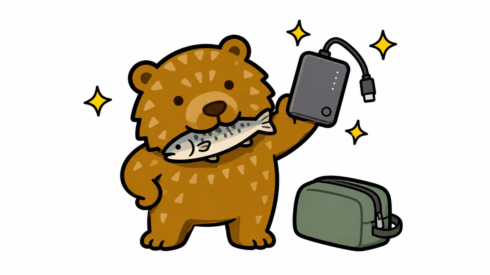 冬の北海道旅行に備えてモバイルバッテリーを準備するイメージ｜備えをするクマのイラスト