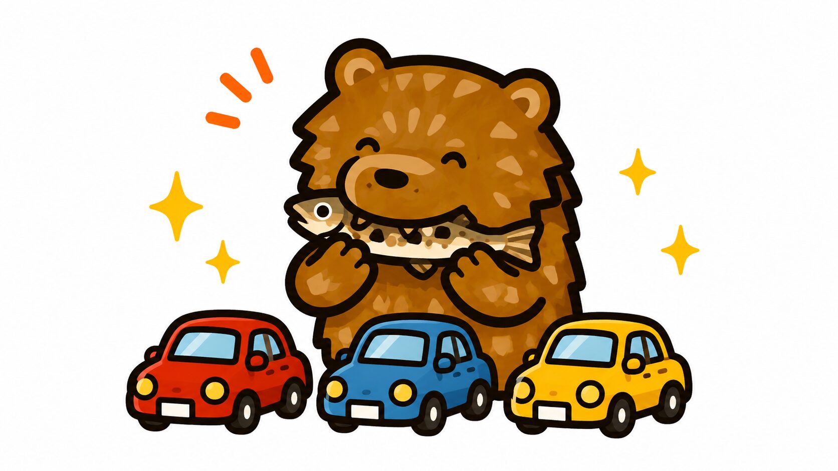 新千歳空港レンタカー各社の特徴｜並んだ車を見比べるクマのイラスト