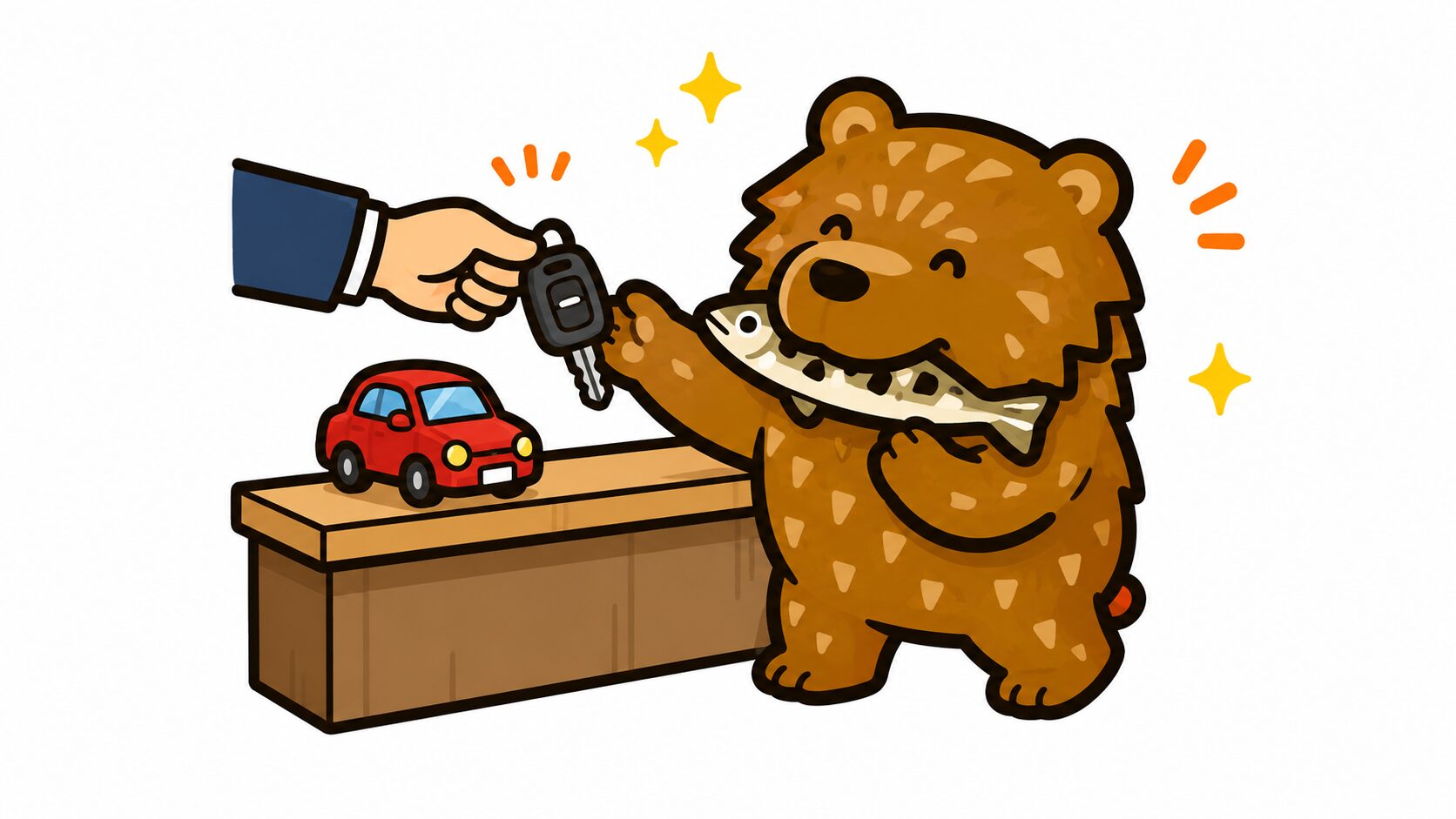 新千歳空港レンタカーの手続きの流れ｜カウンターで鍵を受け取るクマのイラスト