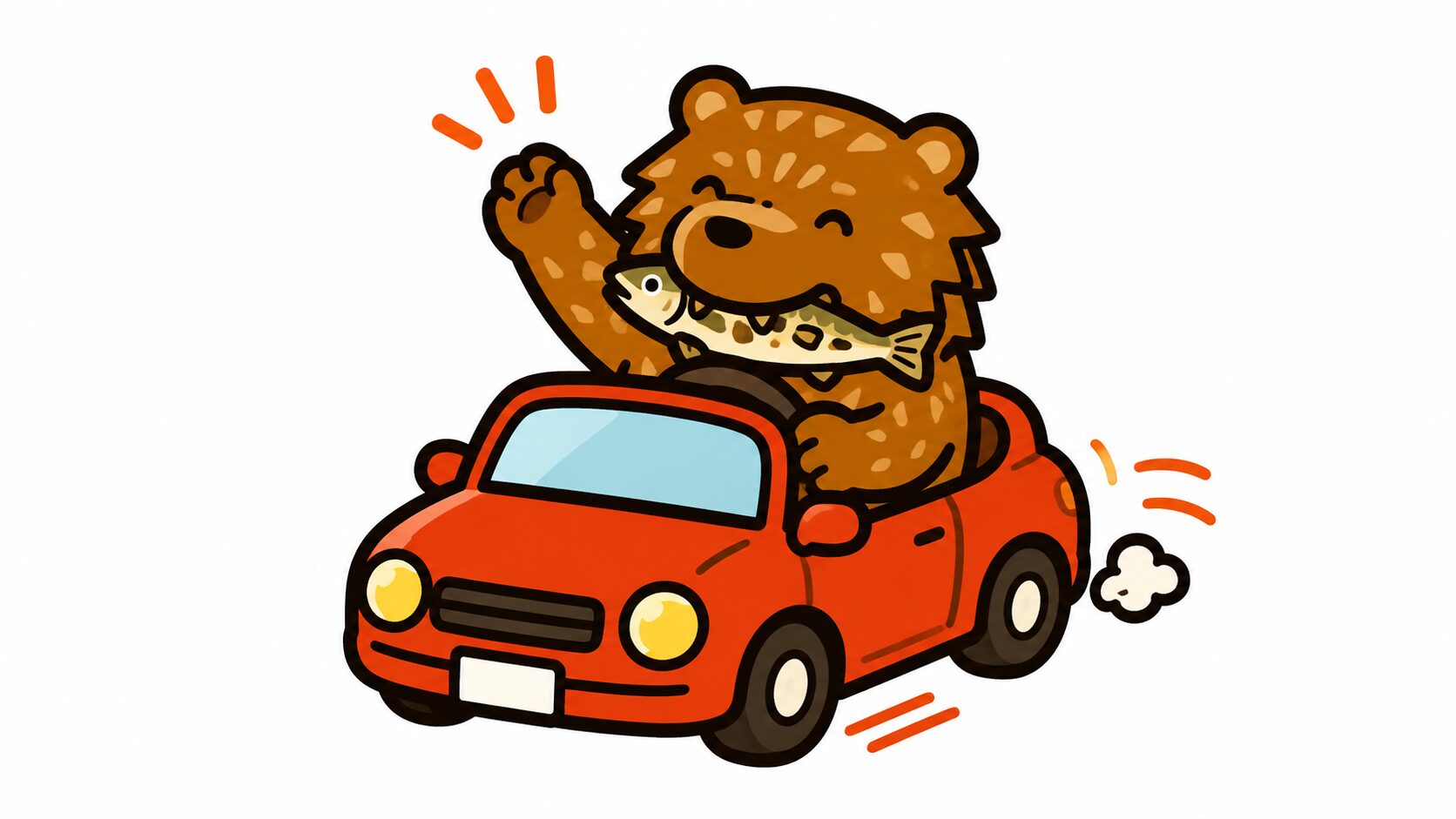 新千歳空港レンタカーの選び方｜片手を上げて車を運転するクマのイラスト