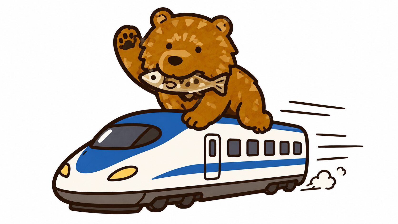新千歳空港から札幌へJR快速エアポート|列車の上に乗って走るクマのイラスト