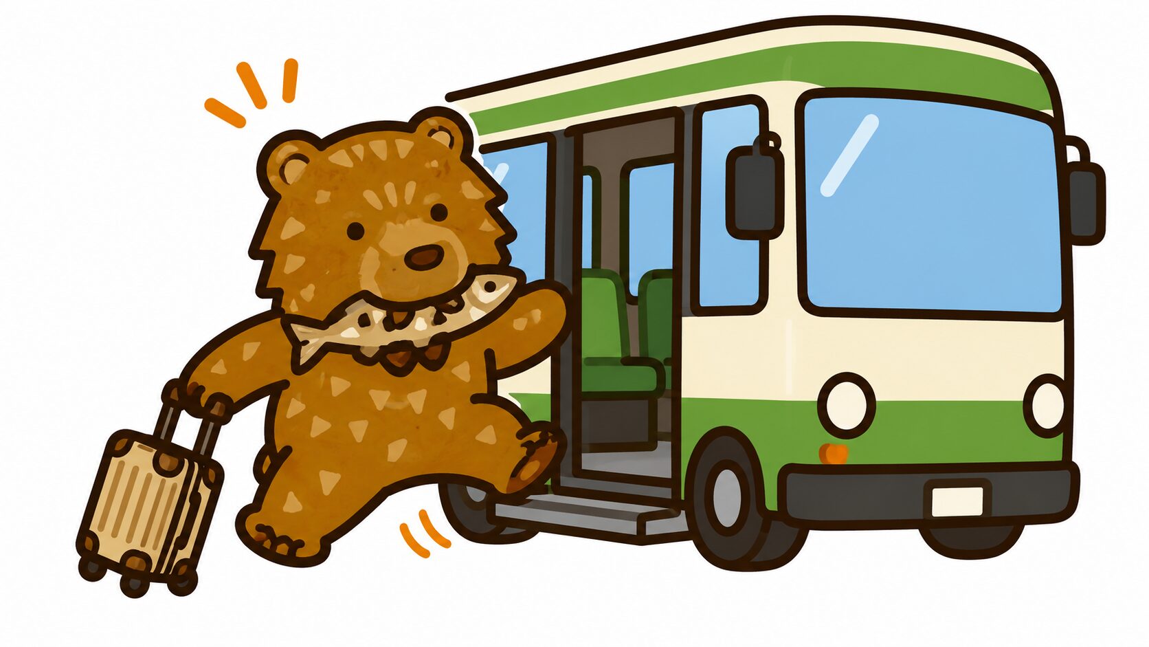 新千歳空港から札幌へのリムジンバス|スーツケースを持ってバスに乗り込むクマのイラスト