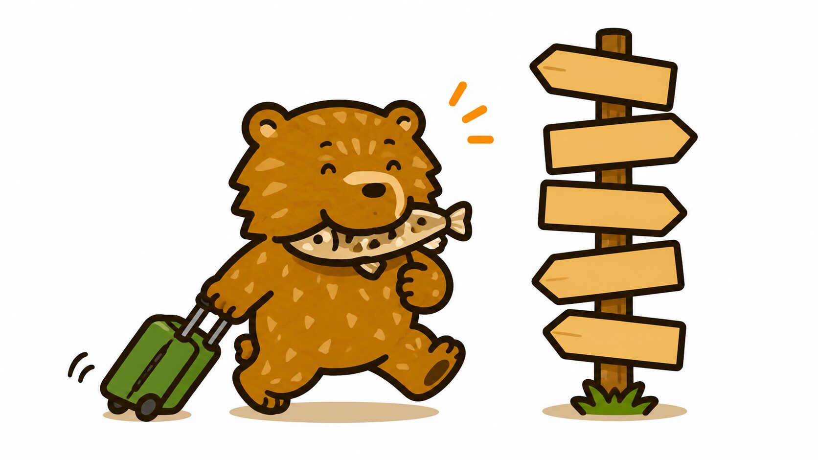 新千歳空港から札幌駅への行き方|スーツケースを引いて5方向の標識に向かうクマのイラスト
