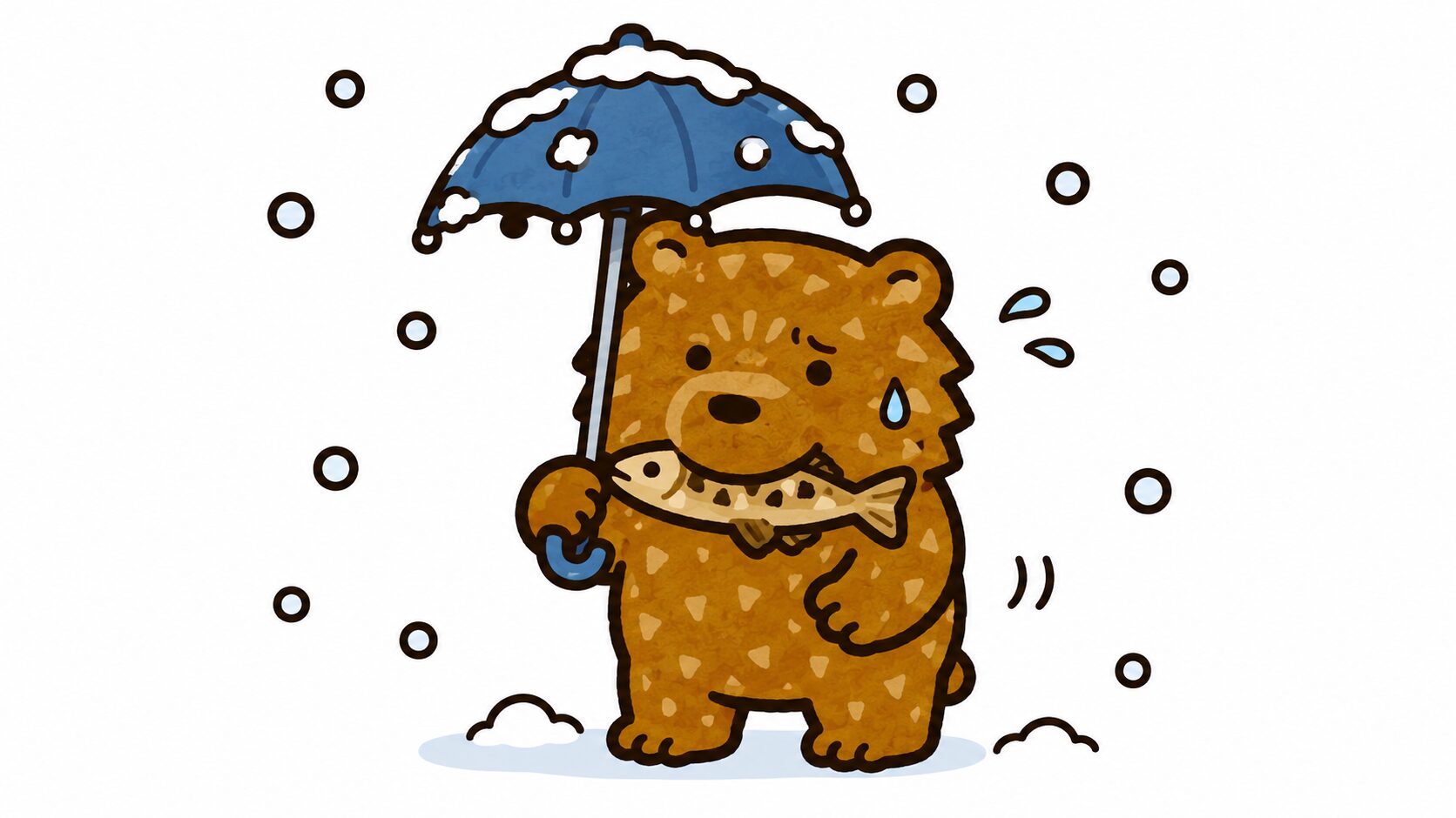 冬の新千歳空港でJR運休時の代替ルート|雪の中で傘を持ち困るクマのイラスト